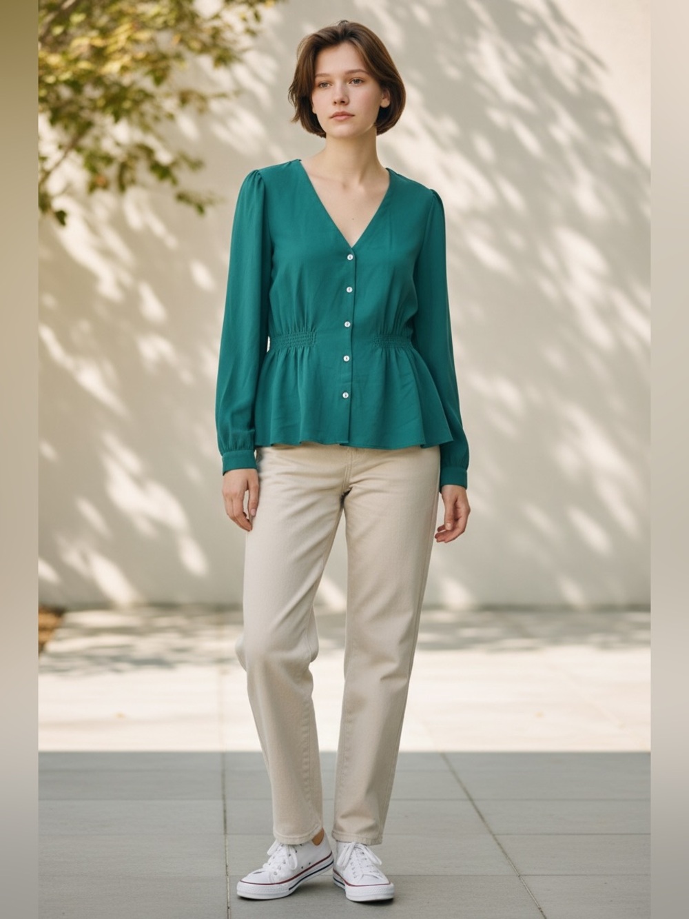 1.STATE Teal Smocked Waist V-Neck Button Front Blouse NWT | Size Large